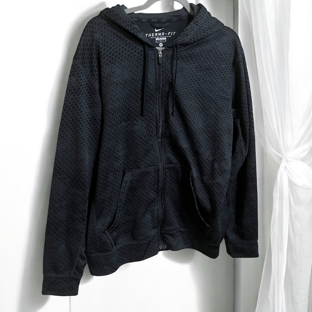 Nike Therma Fit Black Gray Hex Camo Full Zip Hoodie Jacket Size Medium